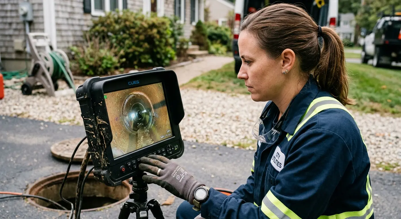 Technician reviewing sewer camera inspection footage in Maysville