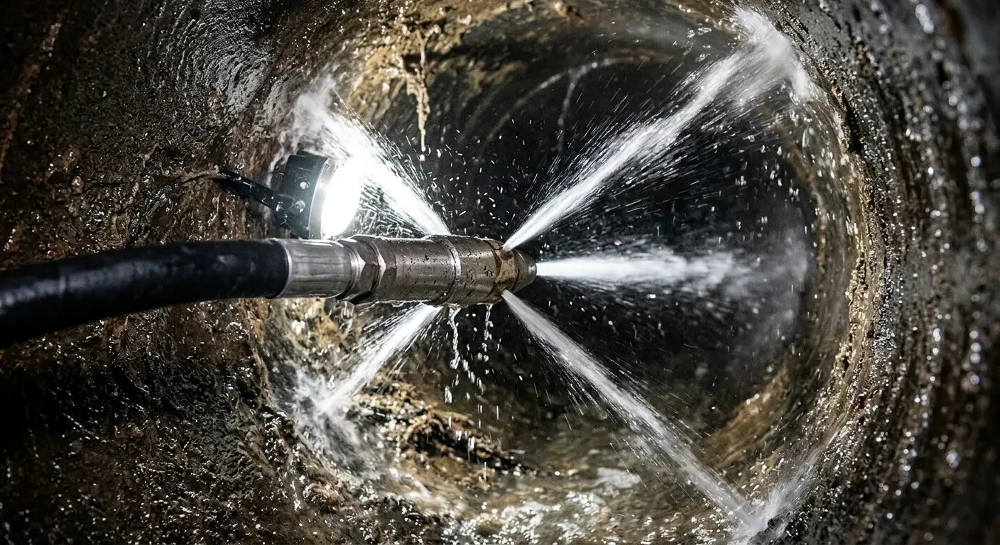 High-pressure hydro jetting nozzle cleaning sewer pipe for Emergency Drain Service in Maysville
